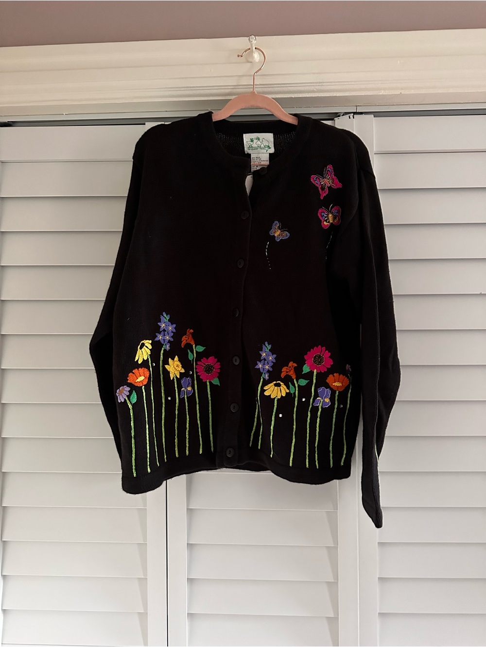 Quacker Factory Black Cardigan with Colorful Floral & Butterfly Embroidery